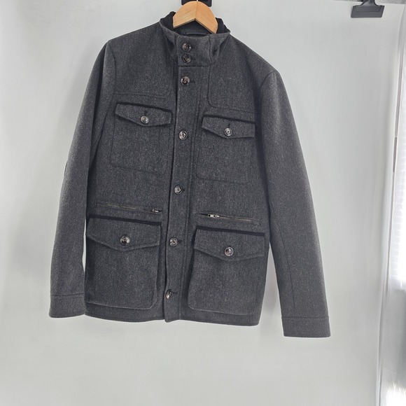 H&M Gray Pockets Recycled Wool Heavy Coat Jacket Button Zipper Pockets Mens 38R - Picture 9 of 10